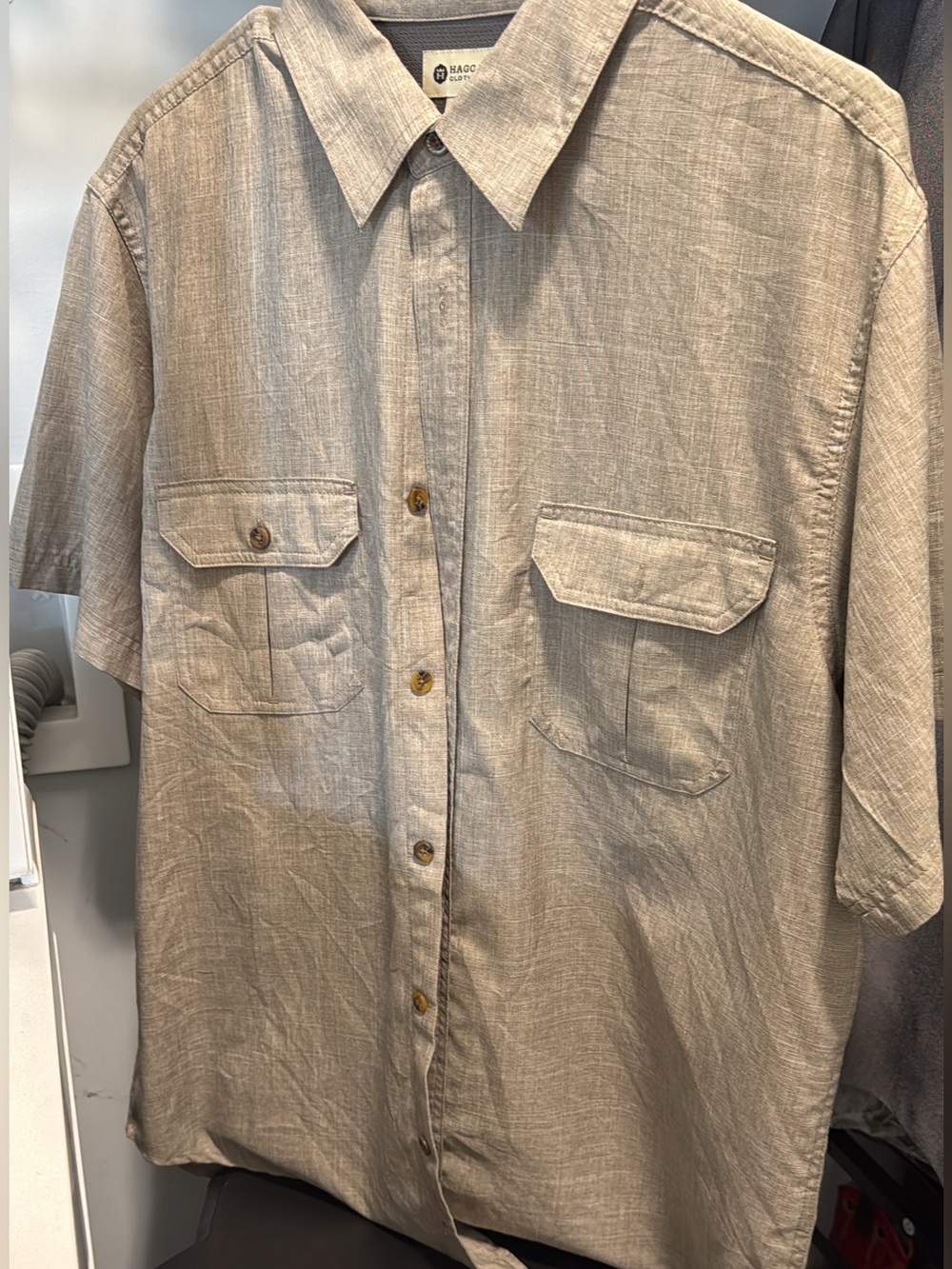 Haggar Men's Short Sleeve Button-Down Shirt in Beige